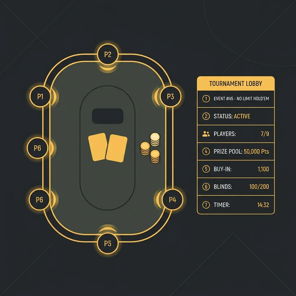 Bwin Online Poker mit deutschem Spielerpool: Pokertisch-Ansicht mit Sitzplätzen und Turnierliste